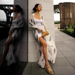 Bluebella Laurel Long Kimono White/Black Nightwear